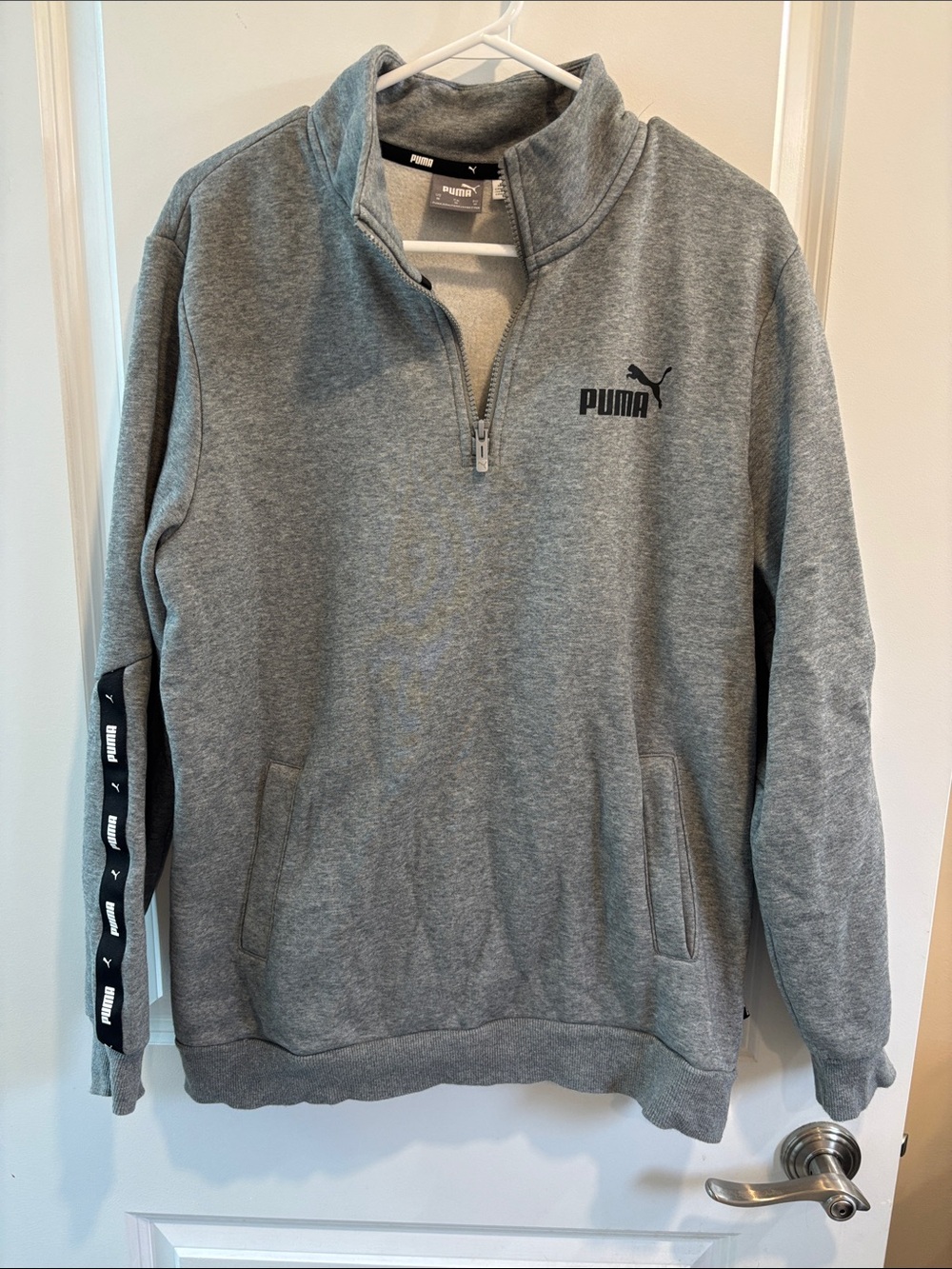 Puma Men's Gray Half-Zip Fleece Pullover with Branded Sleeve Tape